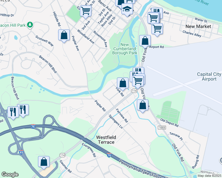 map of restaurants, bars, coffee shops, grocery stores, and more near 207 Fairview Road in New Cumberland