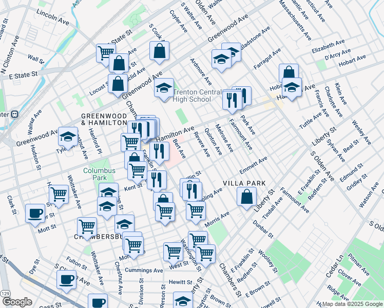 map of restaurants, bars, coffee shops, grocery stores, and more near 131 Columbus Avenue in Trenton