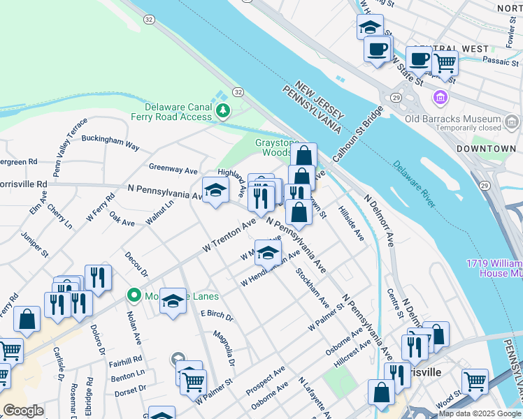 map of restaurants, bars, coffee shops, grocery stores, and more near 6 East Trenton Avenue in Morrisville