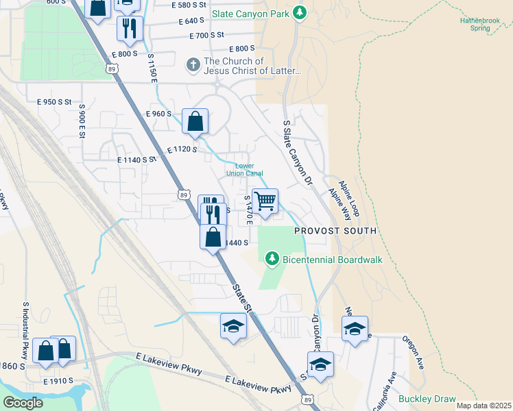 map of restaurants, bars, coffee shops, grocery stores, and more near 1494 East 1300 South in Provo
