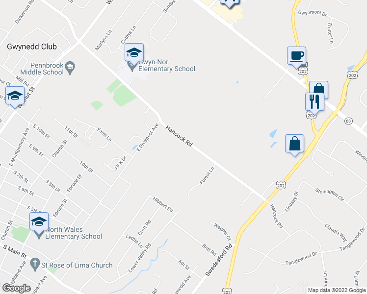 map of restaurants, bars, coffee shops, grocery stores, and more near 532 Hancock Road in North Wales