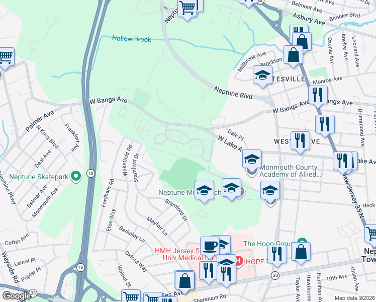 map of restaurants, bars, coffee shops, grocery stores, and more near 1801 Alpine Trail in Neptune City