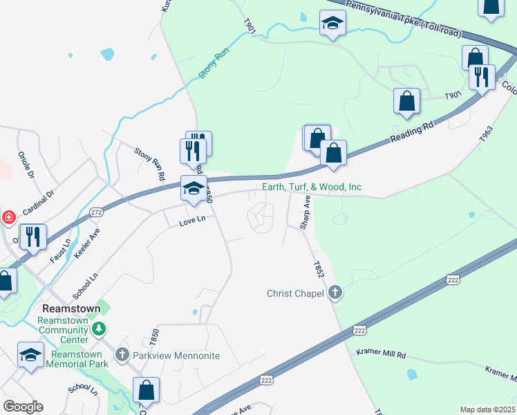 map of restaurants, bars, coffee shops, grocery stores, and more near 103 Stonecrest Court in Stevens