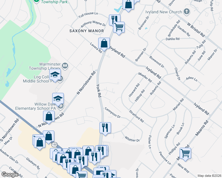 map of restaurants, bars, coffee shops, grocery stores, and more near 319 Valley Forge Court in Warminster