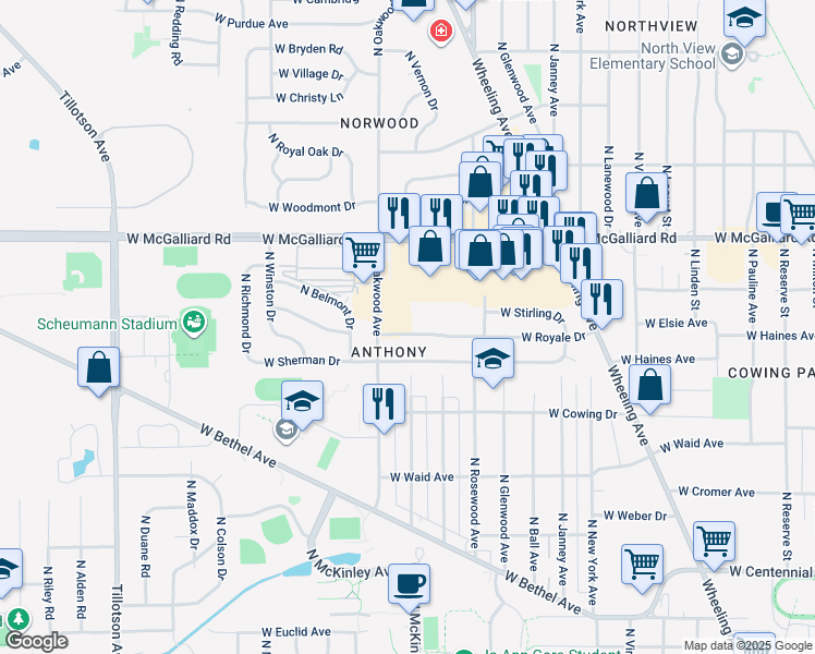 map of restaurants, bars, coffee shops, grocery stores, and more near 1904 West Royale Drive in Muncie