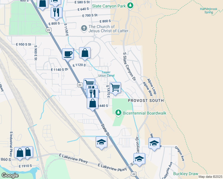 map of restaurants, bars, coffee shops, grocery stores, and more near 1494 East 1300 South in Provo