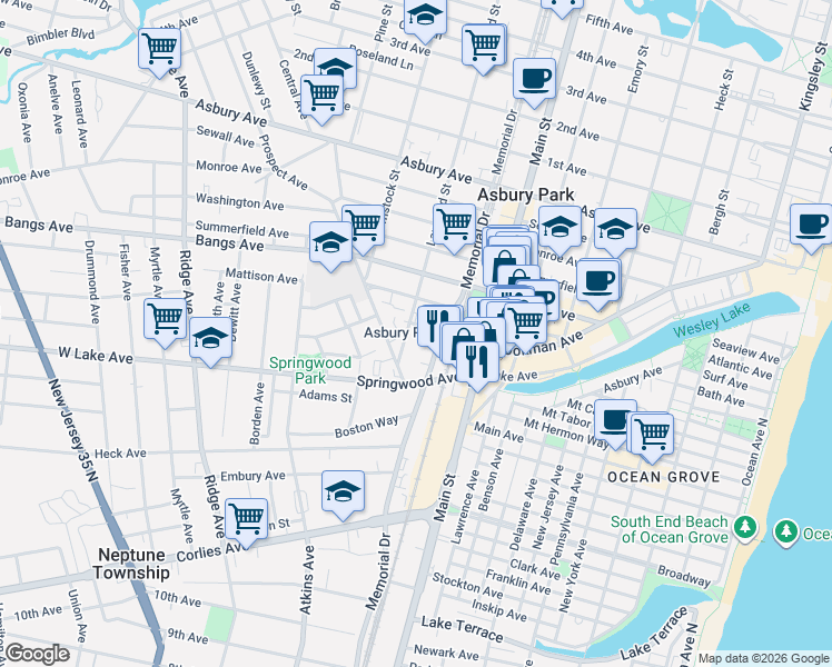 map of restaurants, bars, coffee shops, grocery stores, and more near 929 Cookman Avenue in Asbury Park