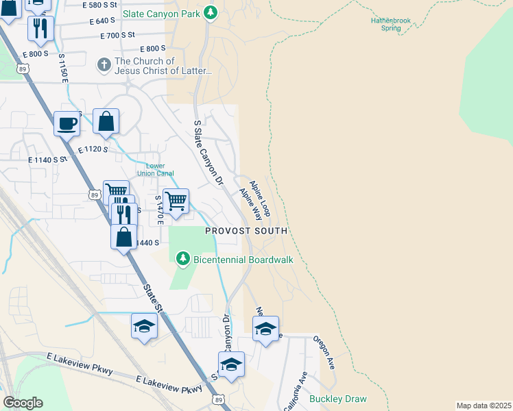 map of restaurants, bars, coffee shops, grocery stores, and more near 1339 Alpine Way in Provo