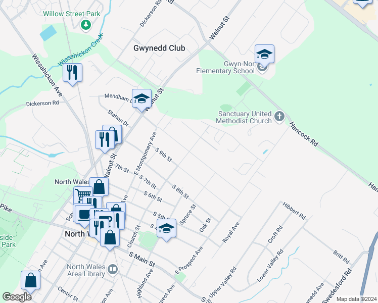 map of restaurants, bars, coffee shops, grocery stores, and more near 431 South 10th Street in North Wales