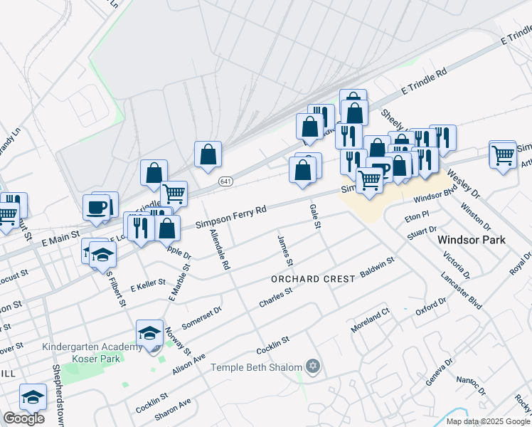 map of restaurants, bars, coffee shops, grocery stores, and more near 916 East Simpson Street in Mechanicsburg