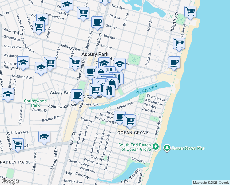 map of restaurants, bars, coffee shops, grocery stores, and more near 511 Cookman Avenue in Asbury Park
