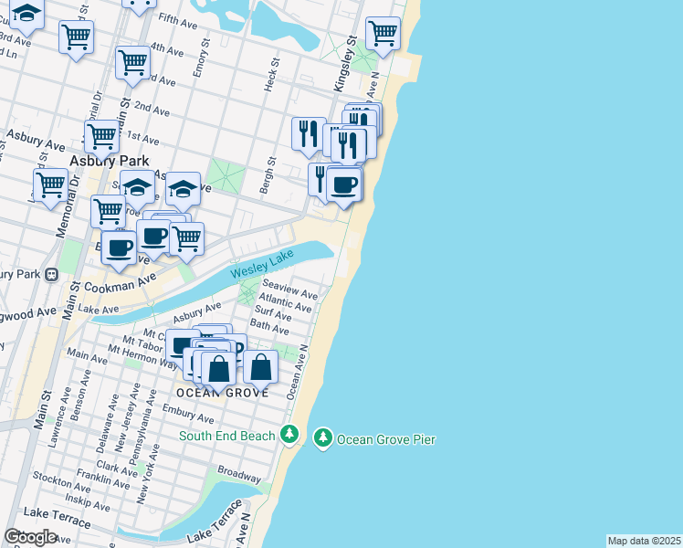map of restaurants, bars, coffee shops, grocery stores, and more near 4 Boardwalk in Monmouth County
