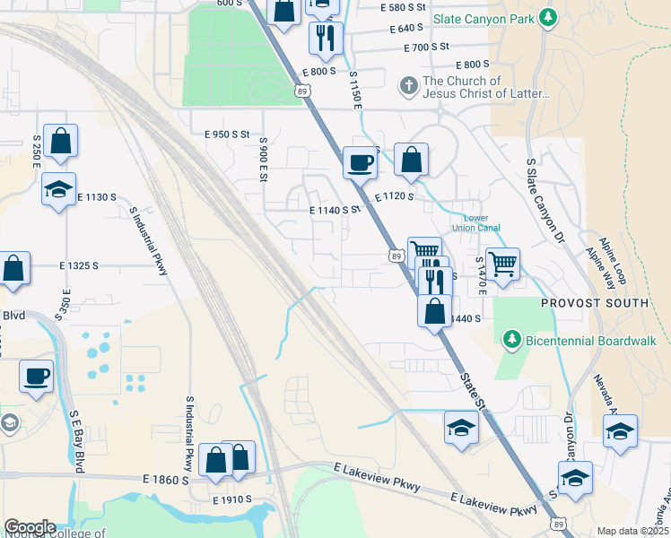 map of restaurants, bars, coffee shops, grocery stores, and more near 1058 East 1300 South in Provo