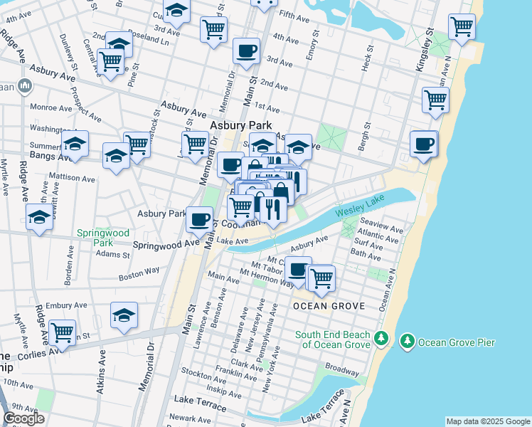 map of restaurants, bars, coffee shops, grocery stores, and more near 601 Mattison Avenue in Asbury Park