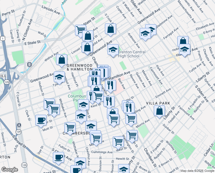 map of restaurants, bars, coffee shops, grocery stores, and more near 601 Hamilton Avenue in Trenton