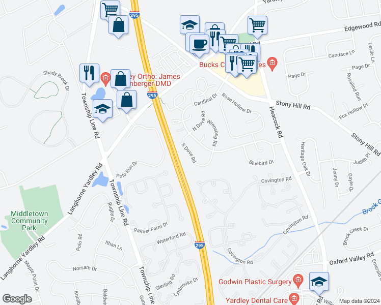 map of restaurants, bars, coffee shops, grocery stores, and more near 589 South Dove Road in Yardley