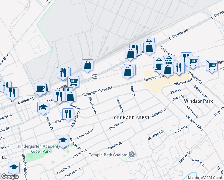 map of restaurants, bars, coffee shops, grocery stores, and more near 916 East Simpson Street in Mechanicsburg