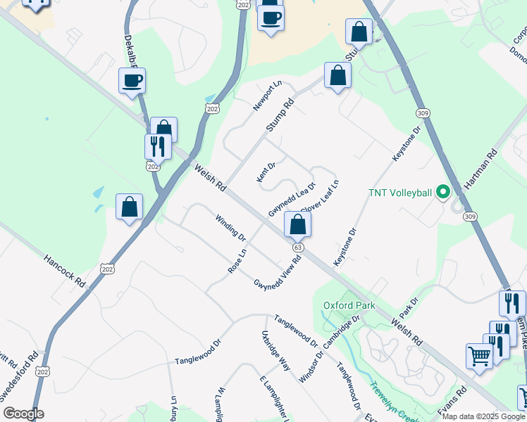 map of restaurants, bars, coffee shops, grocery stores, and more near 134 Gwynedd Lea Drive in North Wales
