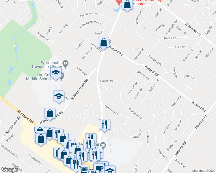 map of restaurants, bars, coffee shops, grocery stores, and more near 306 Valley Forge Court in Warminster