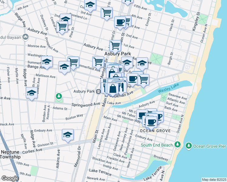 map of restaurants, bars, coffee shops, grocery stores, and more near 228 Main Street in Asbury Park