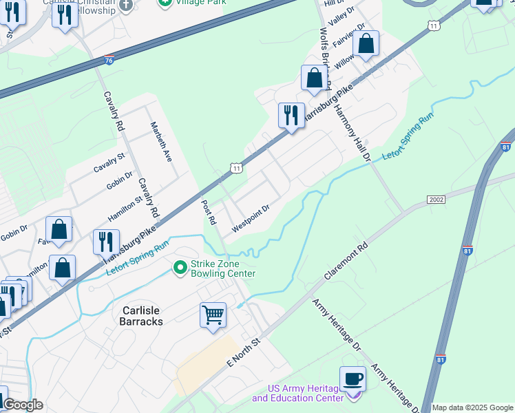 map of restaurants, bars, coffee shops, grocery stores, and more near 160 Westpoint Drive in Carlisle