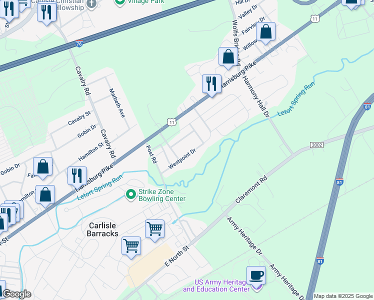 map of restaurants, bars, coffee shops, grocery stores, and more near 160 Westpoint Drive in Carlisle