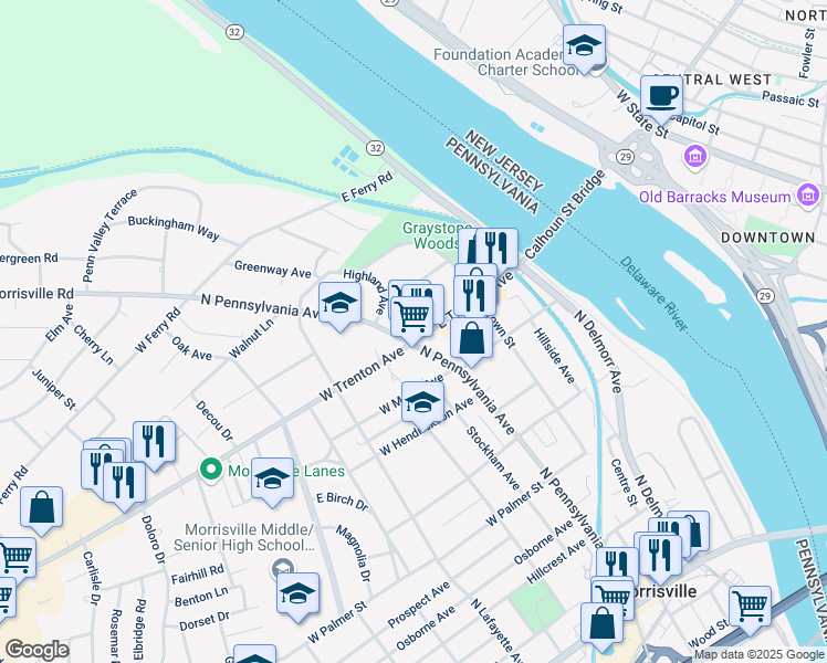 map of restaurants, bars, coffee shops, grocery stores, and more near 6 East Trenton Avenue in Morrisville
