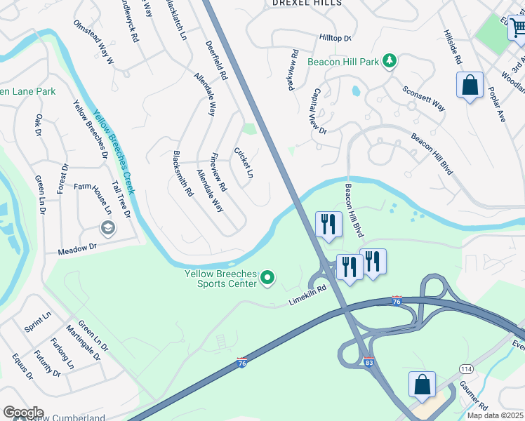 map of restaurants, bars, coffee shops, grocery stores, and more near 104 Deerfield Road in Camp Hill