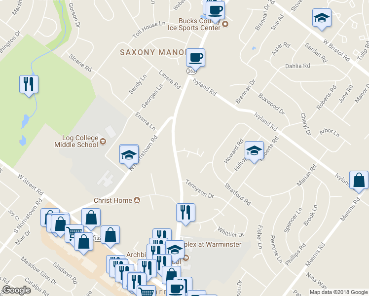 map of restaurants, bars, coffee shops, grocery stores, and more near 199 Lexington Court in Warminster