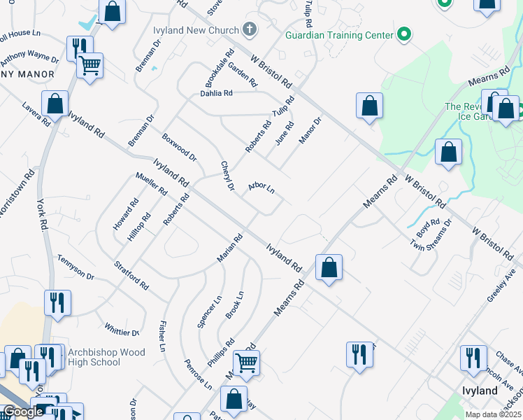 map of restaurants, bars, coffee shops, grocery stores, and more near 667 Cheryl Drive in Warminster