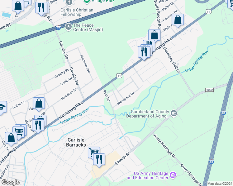 map of restaurants, bars, coffee shops, grocery stores, and more near 324 Sherman Avenue in Carlisle