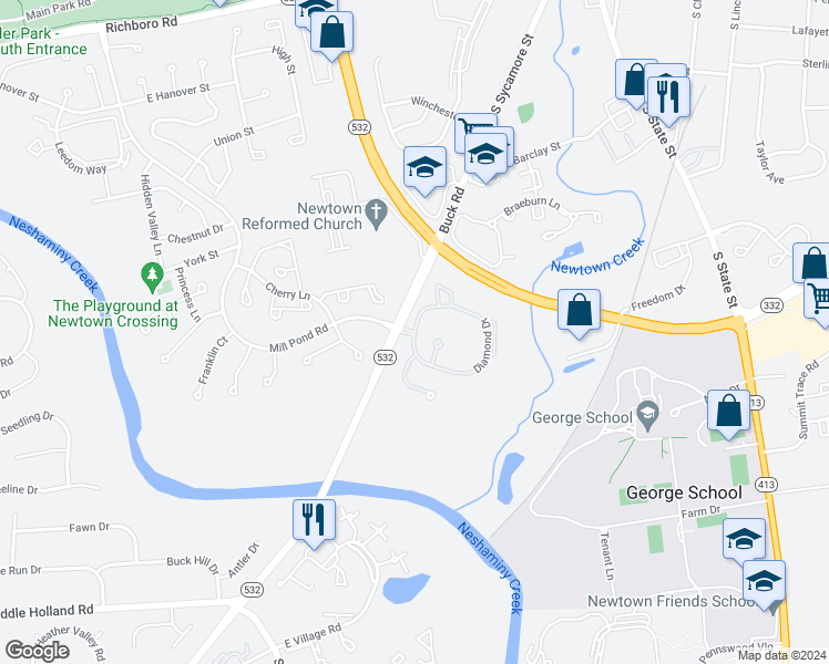 map of restaurants, bars, coffee shops, grocery stores, and more near 4 Diamond Drive in Newtown