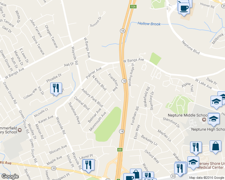 map of restaurants, bars, coffee shops, grocery stores, and more near 253 Frankfort Avenue in Neptune City