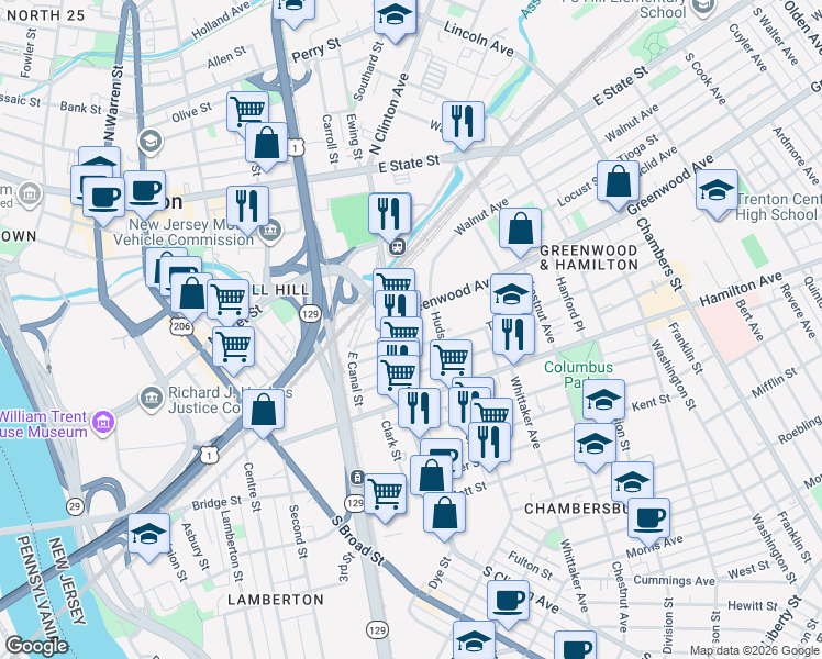 map of restaurants, bars, coffee shops, grocery stores, and more near 415 Greenwood Avenue in Trenton