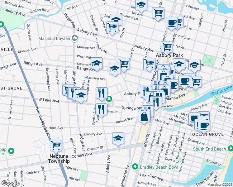map of restaurants, bars, coffee shops, grocery stores, and more near 1181 Atlantic Avenue in Asbury Park