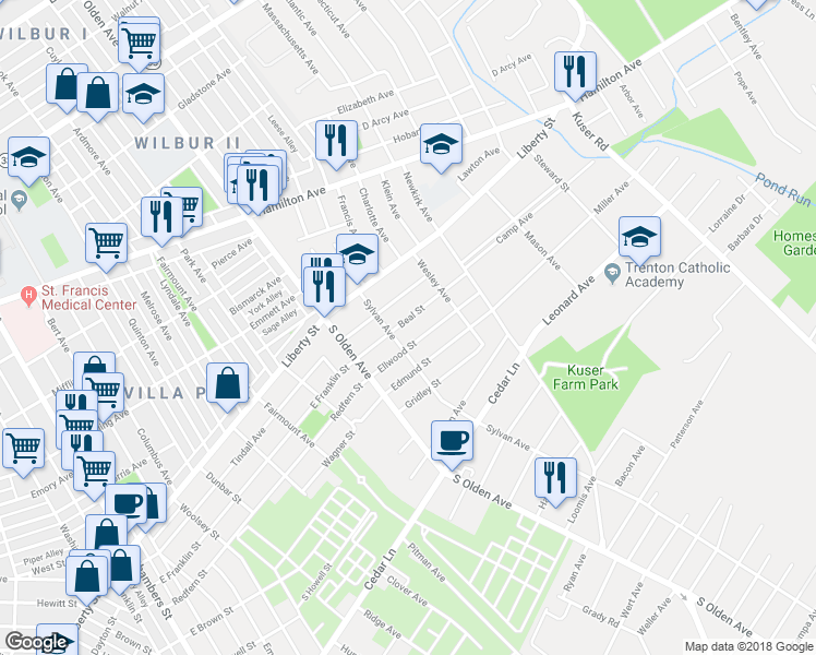 map of restaurants, bars, coffee shops, grocery stores, and more near 123 Beal Street in Trenton