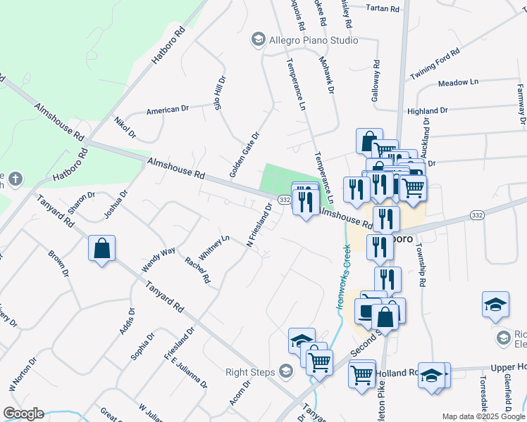 map of restaurants, bars, coffee shops, grocery stores, and more near 12 Legacy Oaks Drive in Richboro