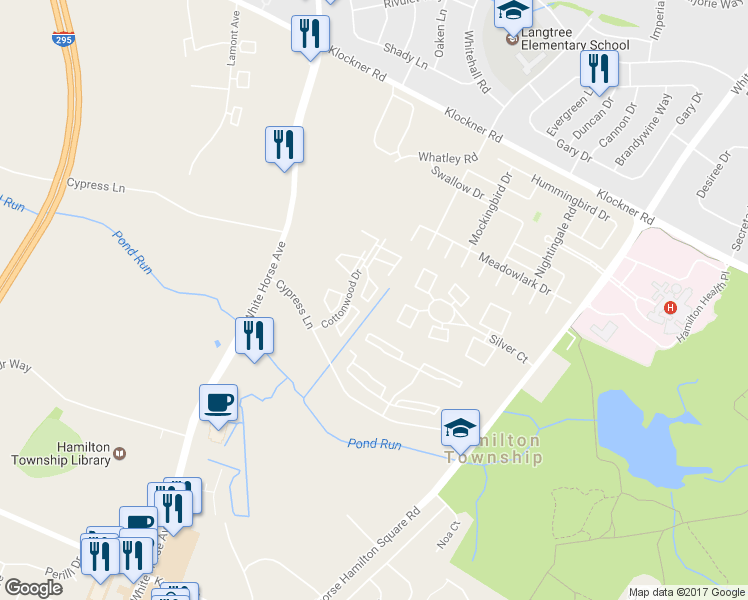 map of restaurants, bars, coffee shops, grocery stores, and more near 34 Mulberry Court in Hamilton Township