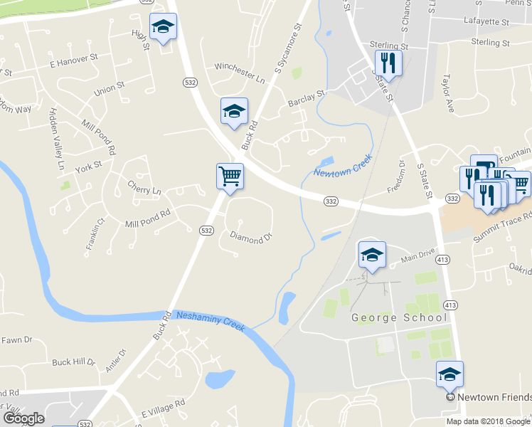 map of restaurants, bars, coffee shops, grocery stores, and more near 1608 Diamond Drive in Newtown