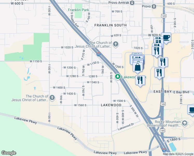 map of restaurants, bars, coffee shops, grocery stores, and more near 655 West 1280 South in Provo