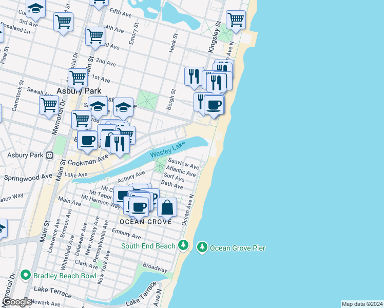 map of restaurants, bars, coffee shops, grocery stores, and more near 17 Spray Avenue in Neptune Township