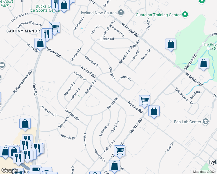 map of restaurants, bars, coffee shops, grocery stores, and more near 655 Ivyland Road in Warminster