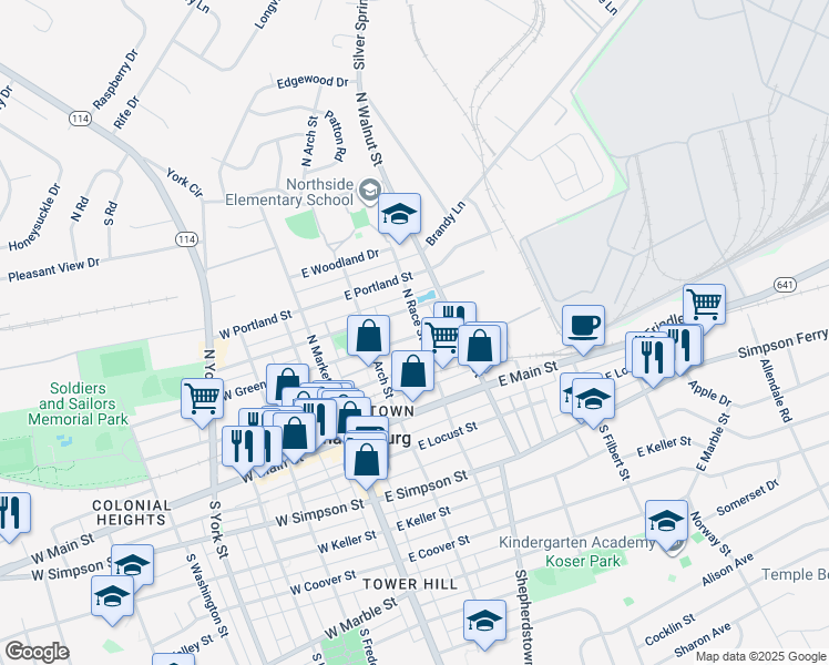 map of restaurants, bars, coffee shops, grocery stores, and more near 131 East Green Street in Mechanicsburg