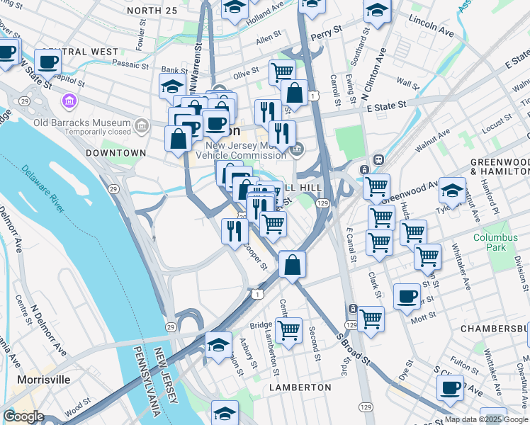 map of restaurants, bars, coffee shops, grocery stores, and more near 143 Jackson Street in Trenton