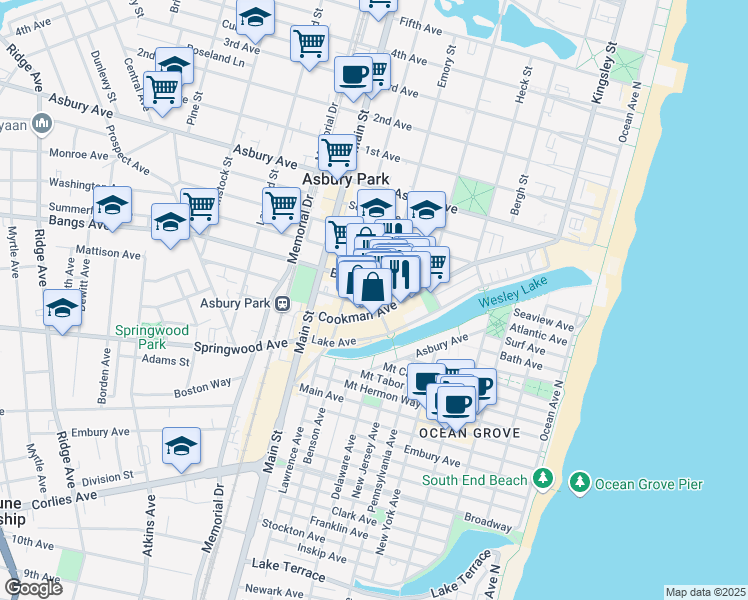 map of restaurants, bars, coffee shops, grocery stores, and more near 601 Mattison Avenue in Asbury Park