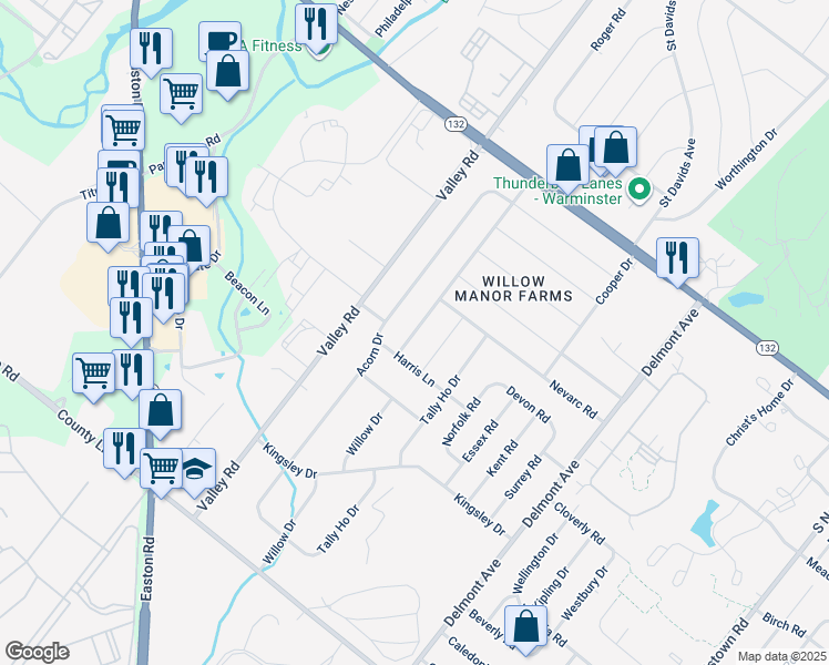 map of restaurants, bars, coffee shops, grocery stores, and more near 341 Hopwood Drive in Warminster