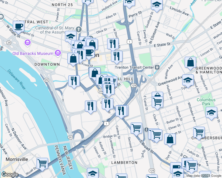 map of restaurants, bars, coffee shops, grocery stores, and more near Market Street & Jackson Street in Trenton