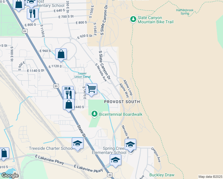 map of restaurants, bars, coffee shops, grocery stores, and more near 1284 South Slate Canyon Drive in Provo
