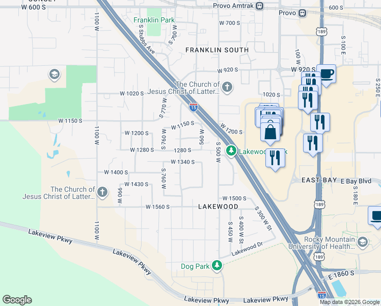 map of restaurants, bars, coffee shops, grocery stores, and more near 679 1280 South in Provo