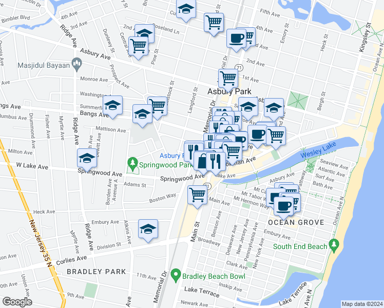 map of restaurants, bars, coffee shops, grocery stores, and more near in Asbury Park